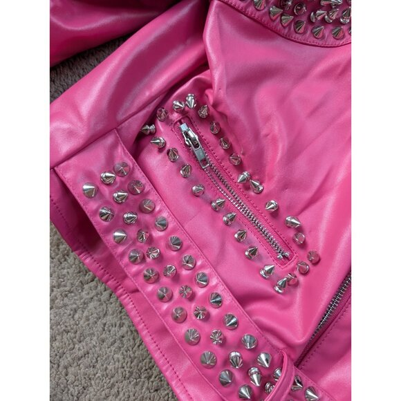 Azalea Wang Moto Jacket Barbie Pink Womens 2X Silver Studded Faux Leather SOFI-X - Picture 4 of 12